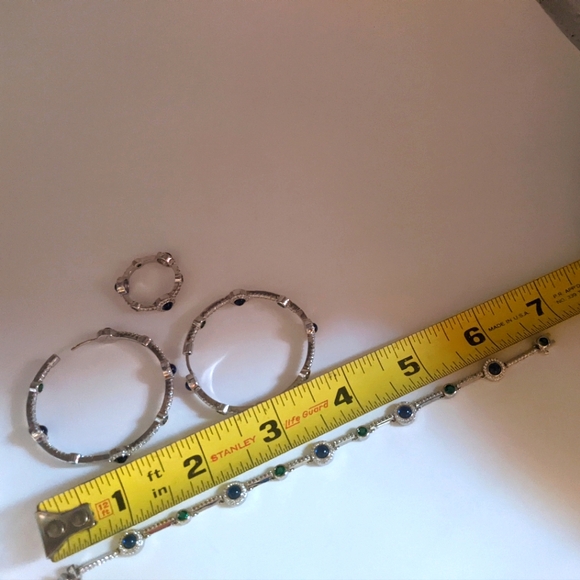 Blue/ Green Gemstone Hoop Earrings, Tennis Bracelet  Ring Matching set S. Silver - Picture 7 of 15